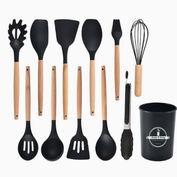 Other - 12 Piece Cooking Set Silicone Utensils Kitchen Spoons - Black Wood - NWT NIB